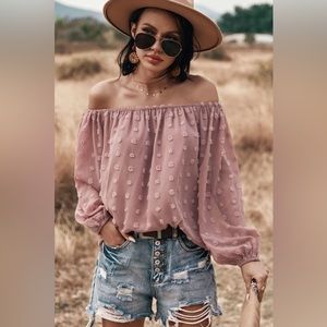 NEW! MISS SPARKLING Off Shoulder Top Blouse SWISS DOTS Dusty Pink Sheer S M L